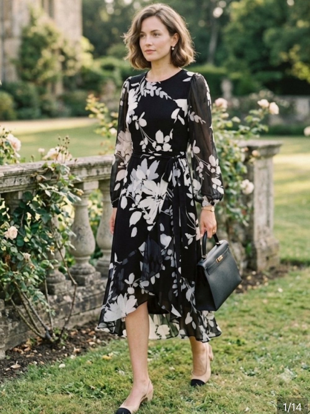NWT Tommy Hilfiger Floral Midi Dress Black White Long Sleeve Size 12